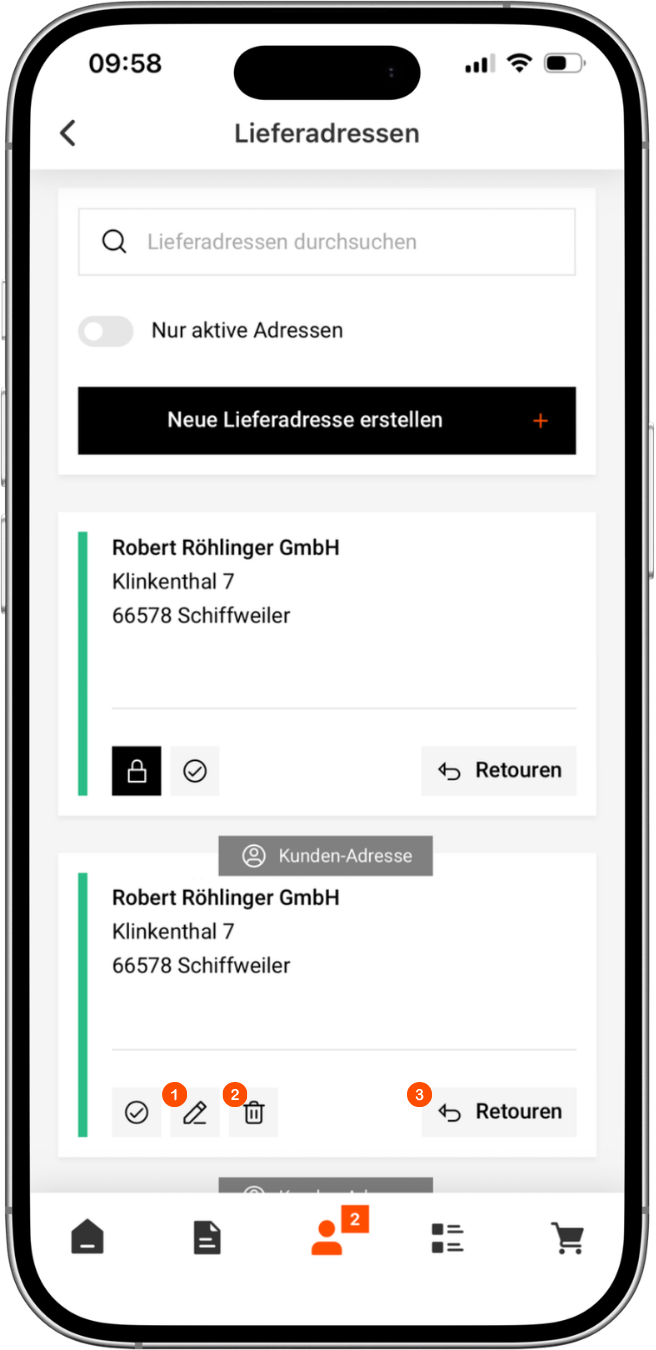 Lieferadressen Funktionen